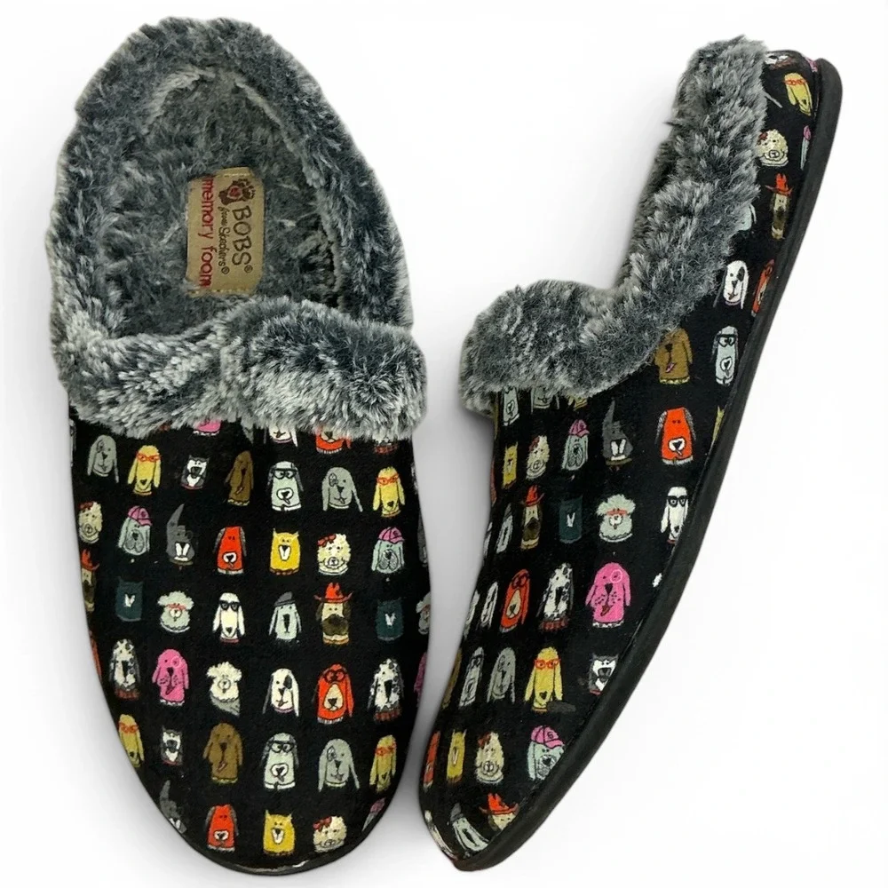 BOBS Skechers Black Slippers Kids Size 7 Dog Print Memory Foam Faux Fur Lining